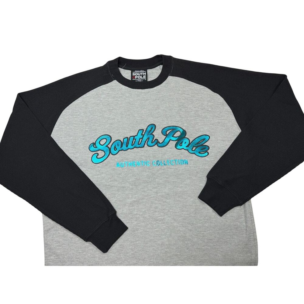 South Pole Mens Large Grey & Black Cotton Blend Long Sleeve shirt waffle
